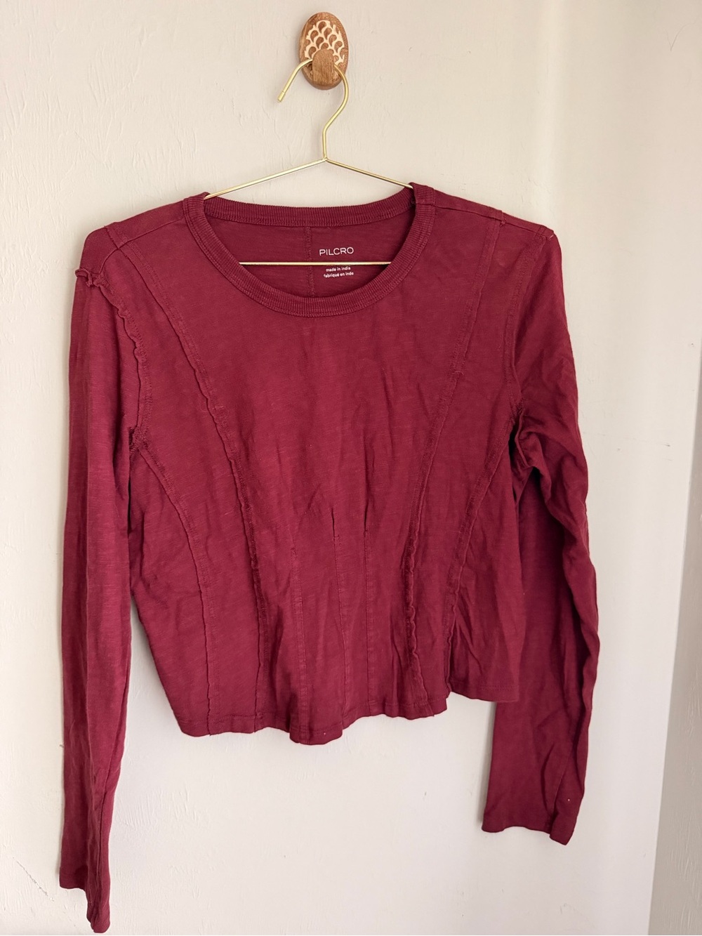 Pilcro Long-Sleeve Ribbed Crewneck Top - Wine